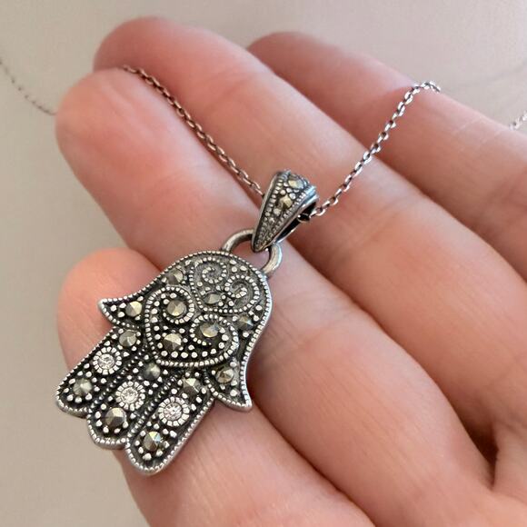 None and/or Unknown Jewelry - Sterling Silver Diamond Accent Marcasite Hamsa Necklace